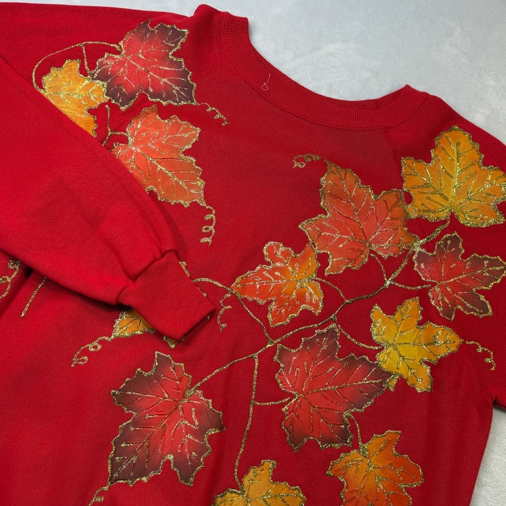 Vintage Pannill Red Sweatshirt XL Hand Painted Maple Leaf Glitter Autumn